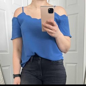 Blue off the shoulder top with scalloped neckline